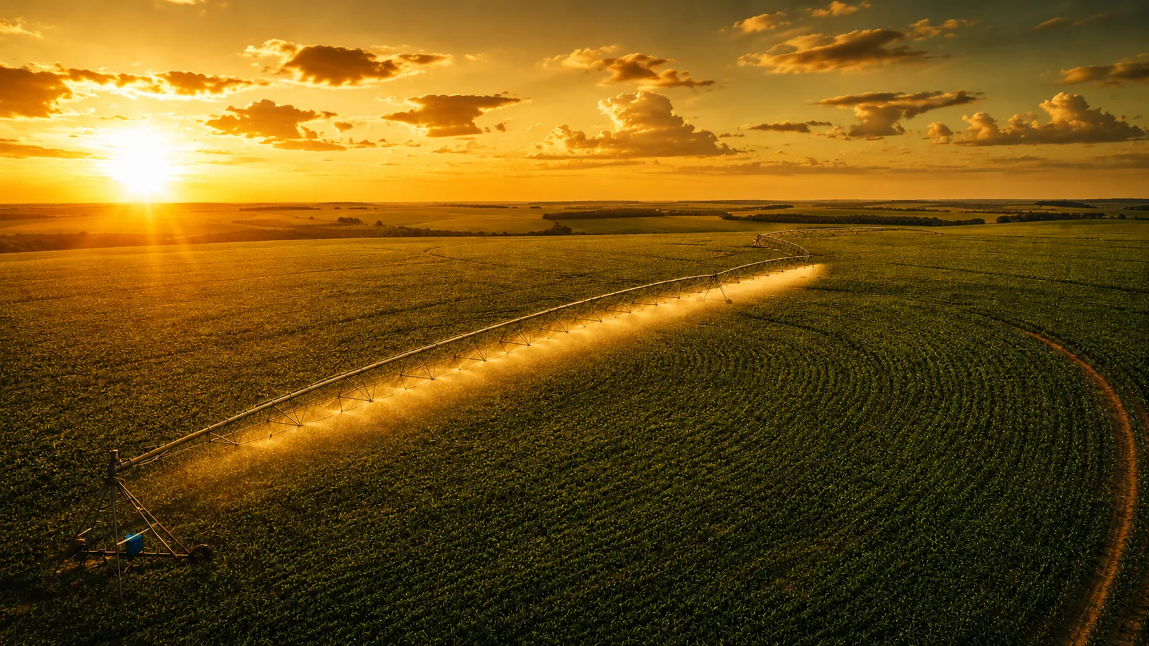 Pivôs de irrigação em operação sobre a lavoura ao amanhecer